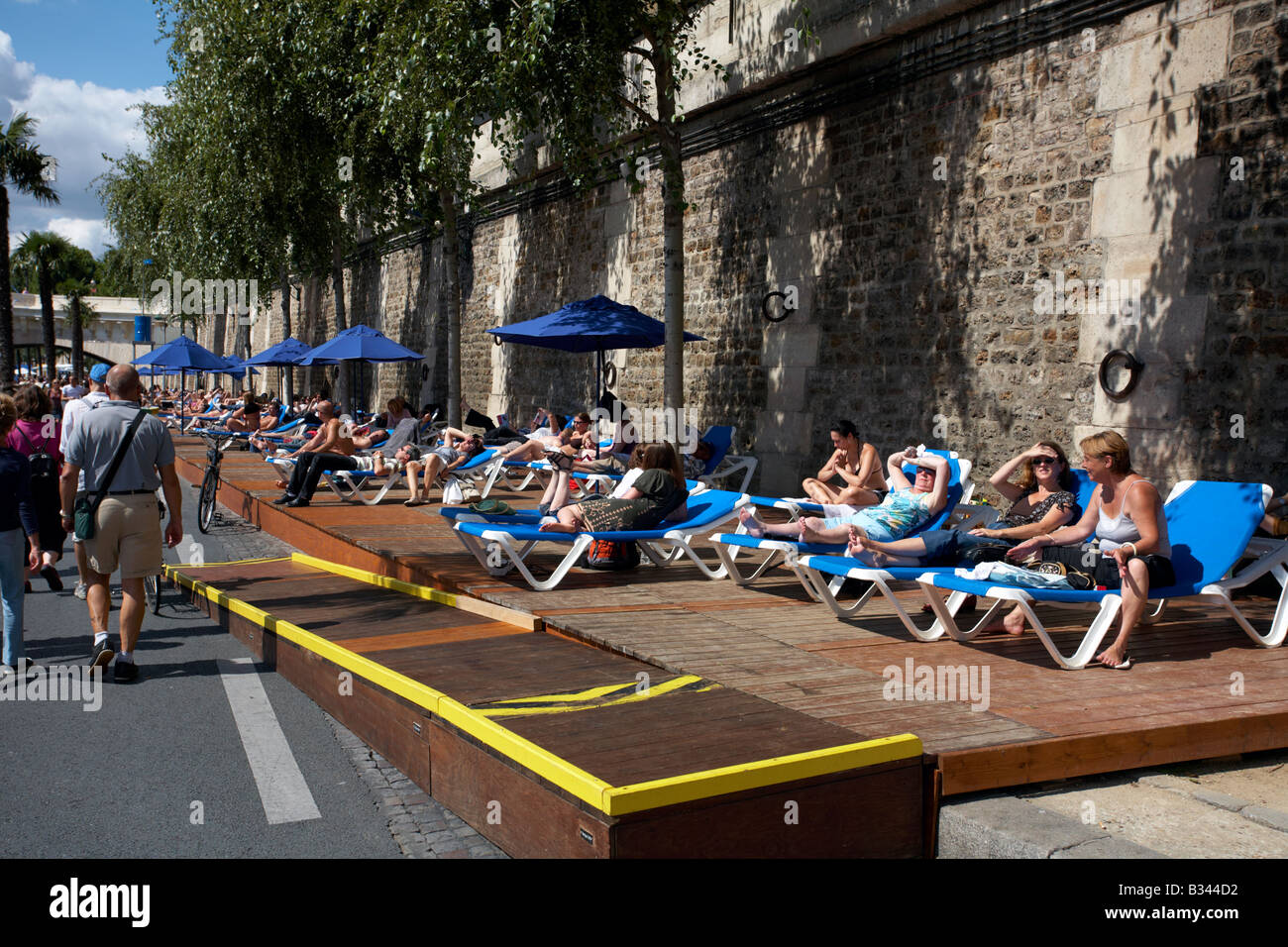 Paris Plage artificial beach and sunbathing areas by the River Seine Paris France Stock Photo