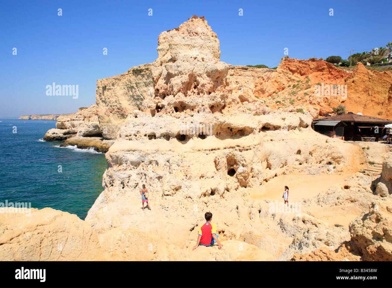 restaurant between the cliffs near Algar Seco, Algarve, Portugal Stock Photo