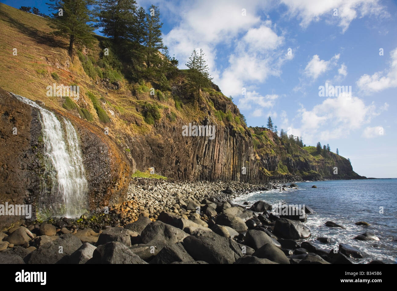 A view looking up to Cockpit Waterfall surrounded by rocks and Norfolk Pine trees on a bright winters day in Norfolk Island, Australia Stock Photo