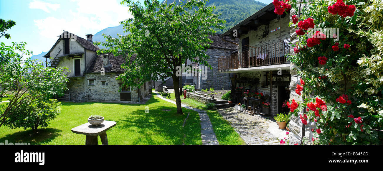 Traditional stone farm houses, Brione, Val Verzasca, Tocino, Swiss alps Stock Photo