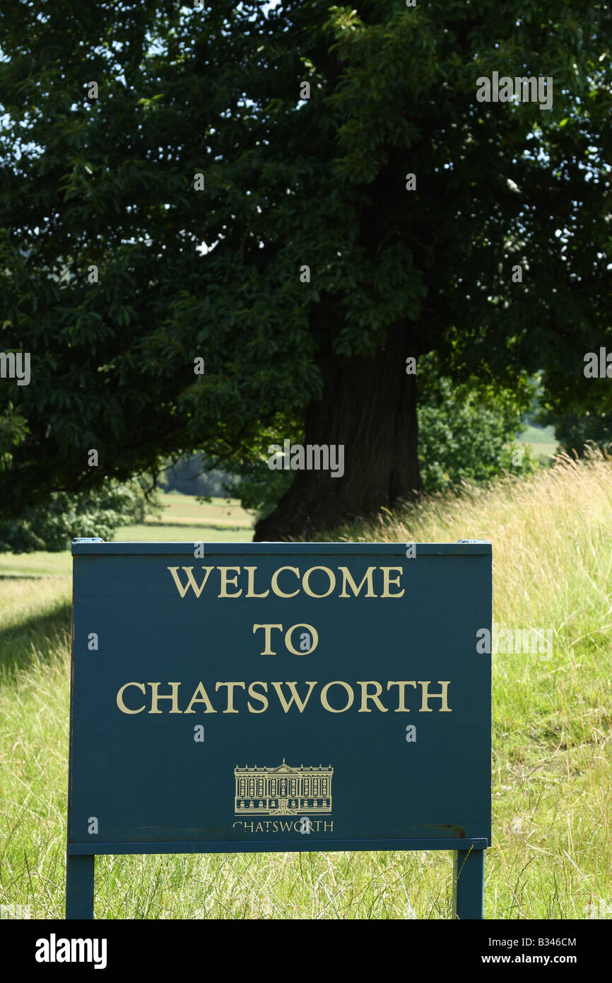 Welcome To Chatsworth sign on the Chatsworth Estate, Derbyshire, England, U.K. Stock Photo