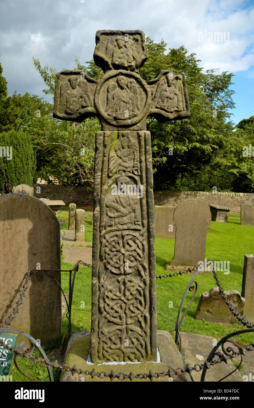 8th century Celtic Cross at Eyam Derbyshire England Stock Photo