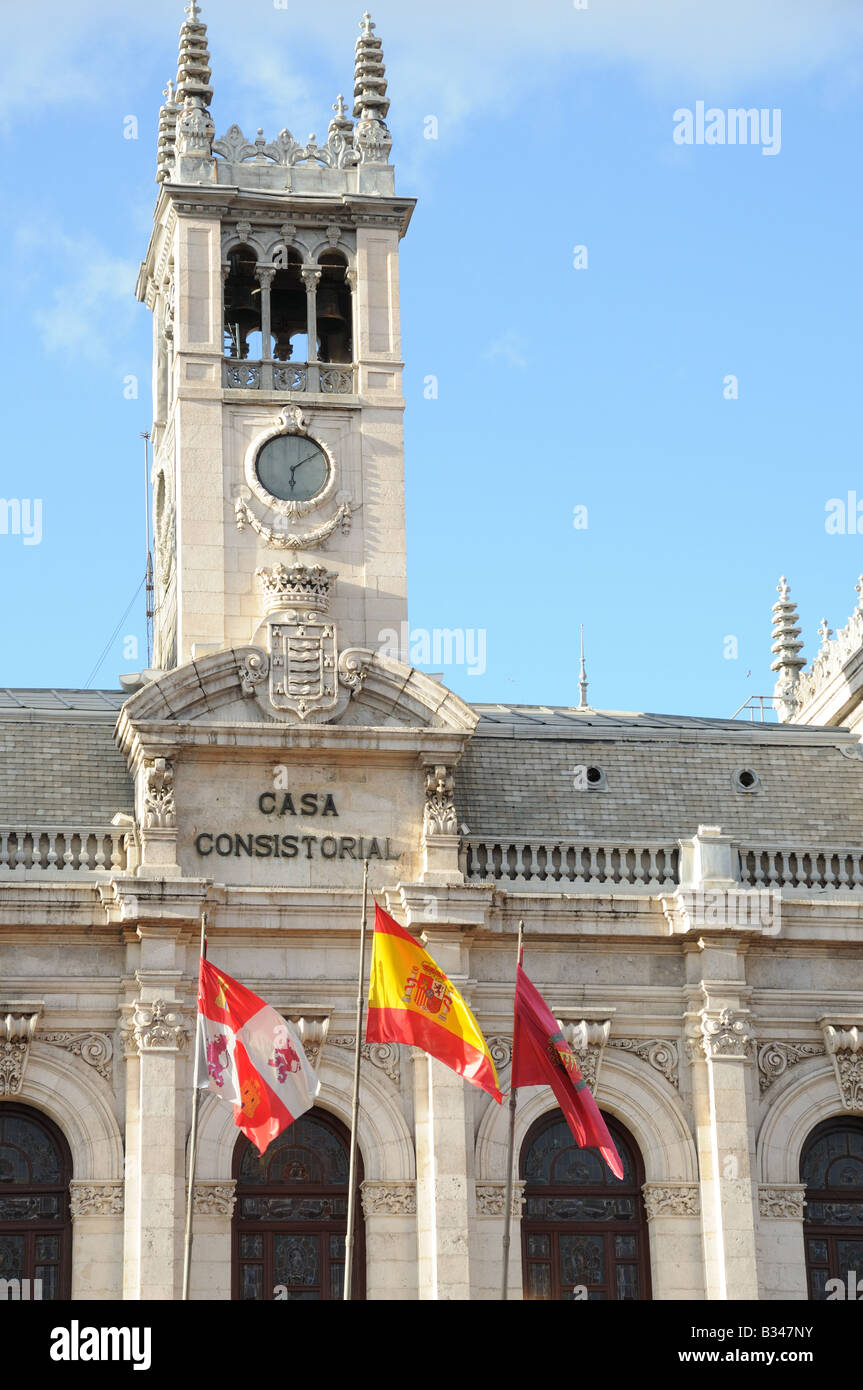 The clock tower of the CASA CONSISTORIAL or Town Hall City Council building in the main square Valladolid Spain Stock Photo
