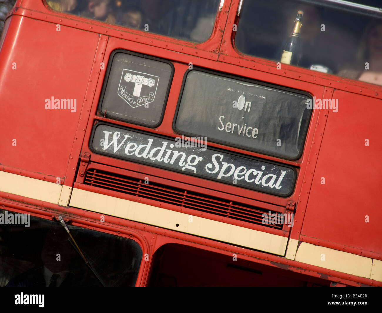 Wedding Special sign on front of red double decker bus Stock Photo