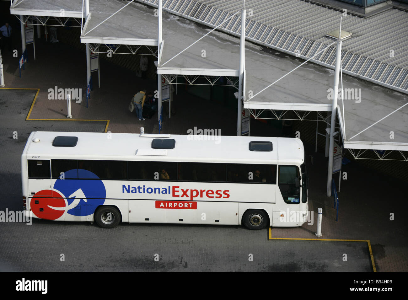 City of Leeds, England. Aerial view of a National Express coach parked