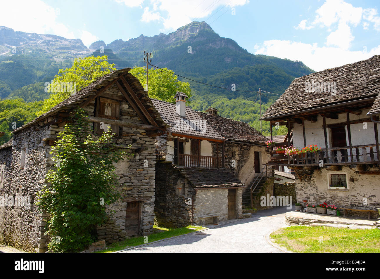 Traditional stone farm houses, Costar, Val Verzasca, Tocino, Swiss alps Stock Photo