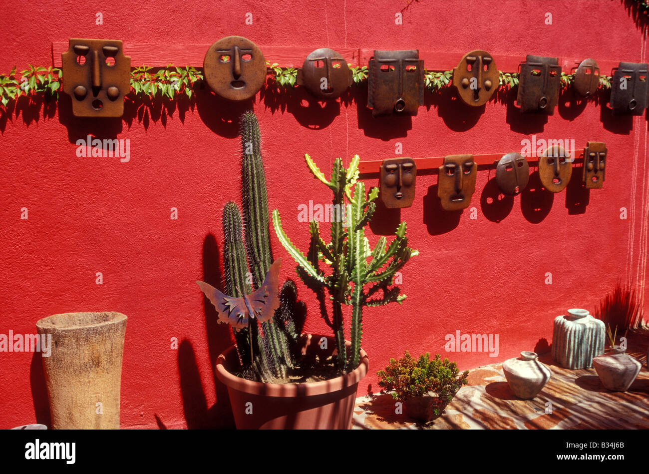 Ceramics display in Mangos folk art shop in the Spanish colonial town of Todos Santos, Baja California Sur, Mexico Stock Photo