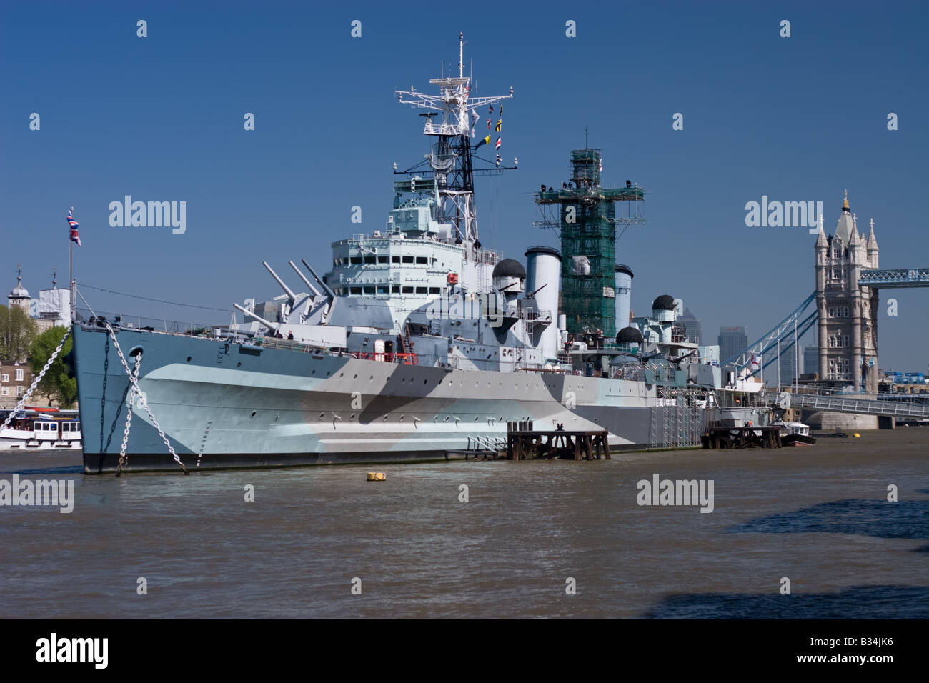 The Thames in London and the HMS Belfast Stock Photo