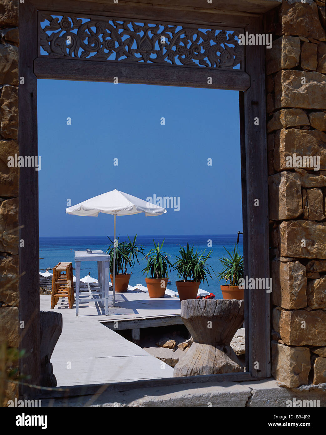 Greece, Halkidiki, Porto Sani. Beach bar on Boussolos Beach Stock Photo
