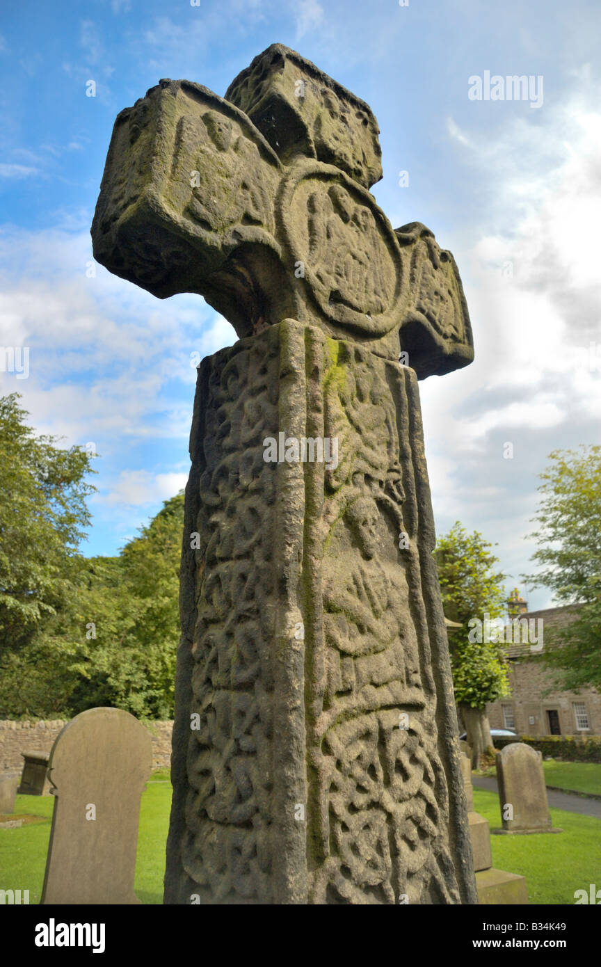 8th century Celtic Cross at Eyam, Derbyshire, England Stock Photo