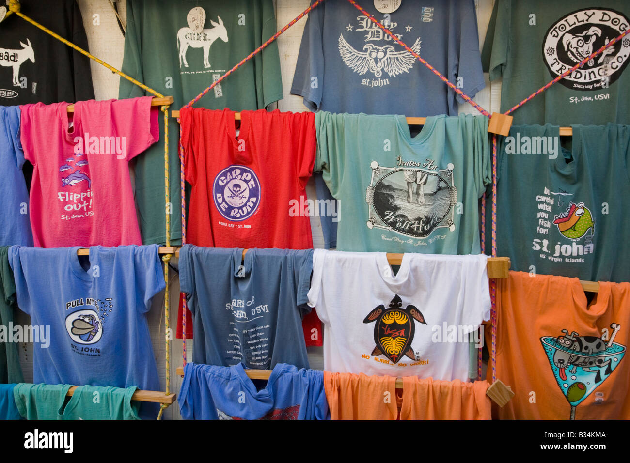 T shirts in shop on the caribbean island of St John in the US Virgin Islands Stock Photo
