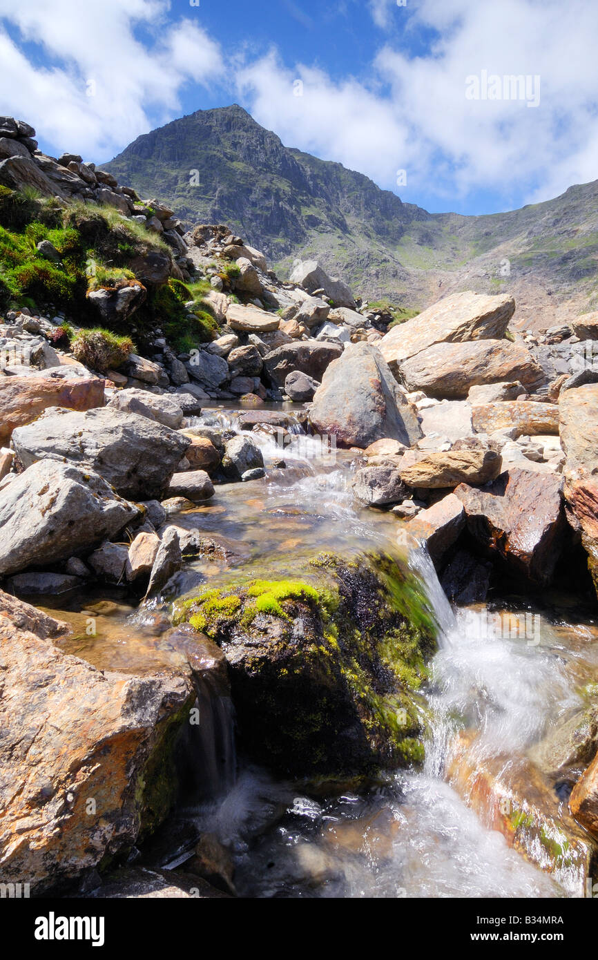 Waterfall flowing between Llyn Glaslyn and Llyn Llydaw beside the ...