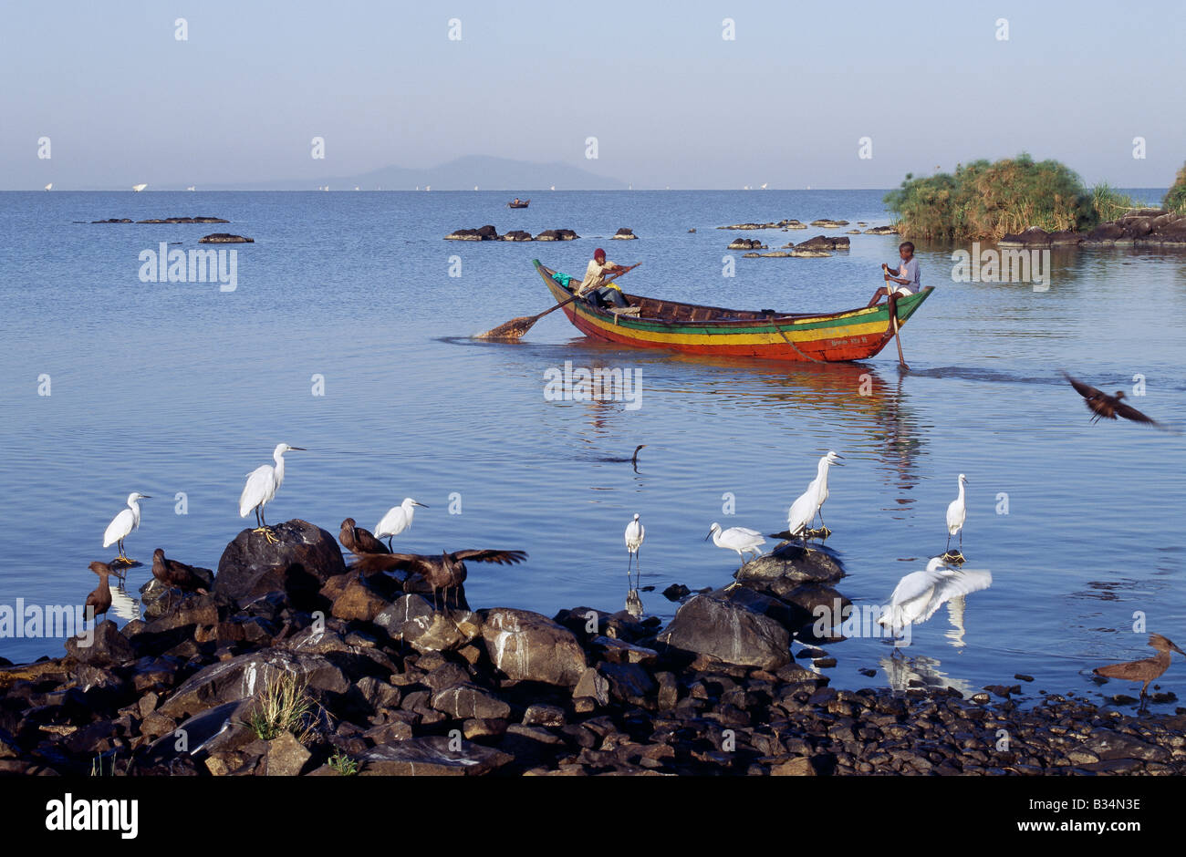 Kenya, Nyanza Province, Kisumu. Young boys paddle a brightly painted