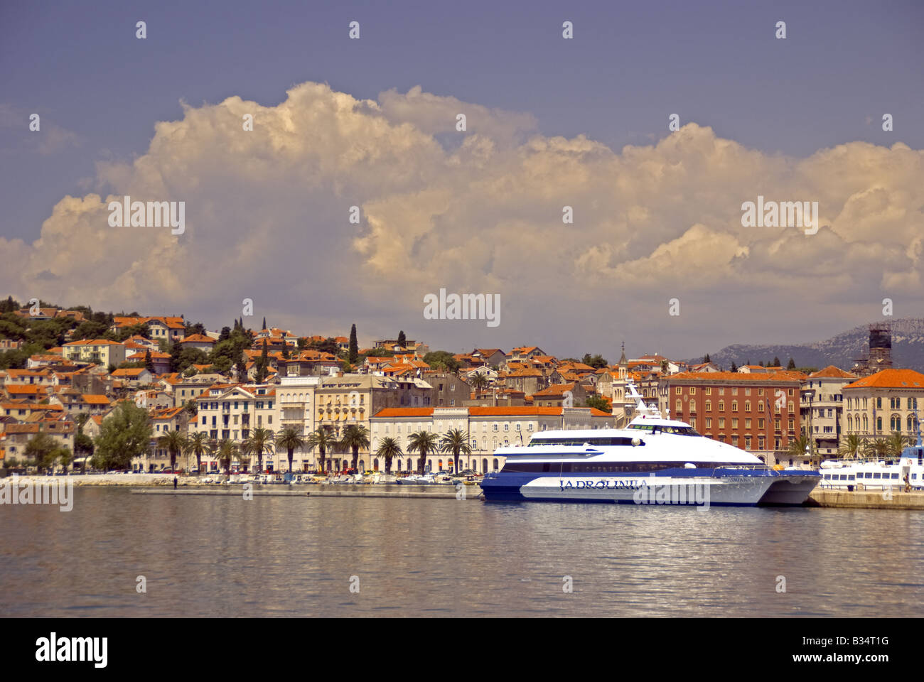Split waterfront with Jadrolinija ferry at dockside Stock Photo