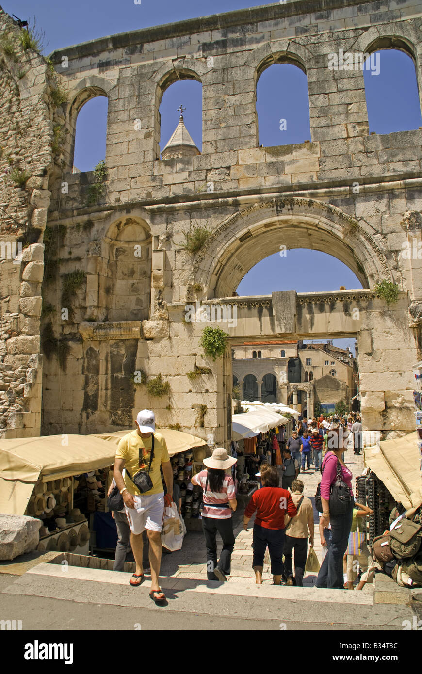 Split's Silver Gate to Diocletian's Palace ruins, and souvenir shops Stock Photo