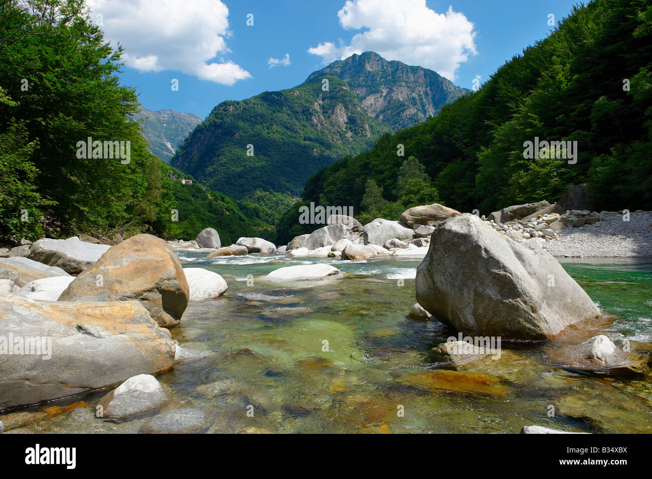 stones and river  in val verzasca , ticino , Stock Photo