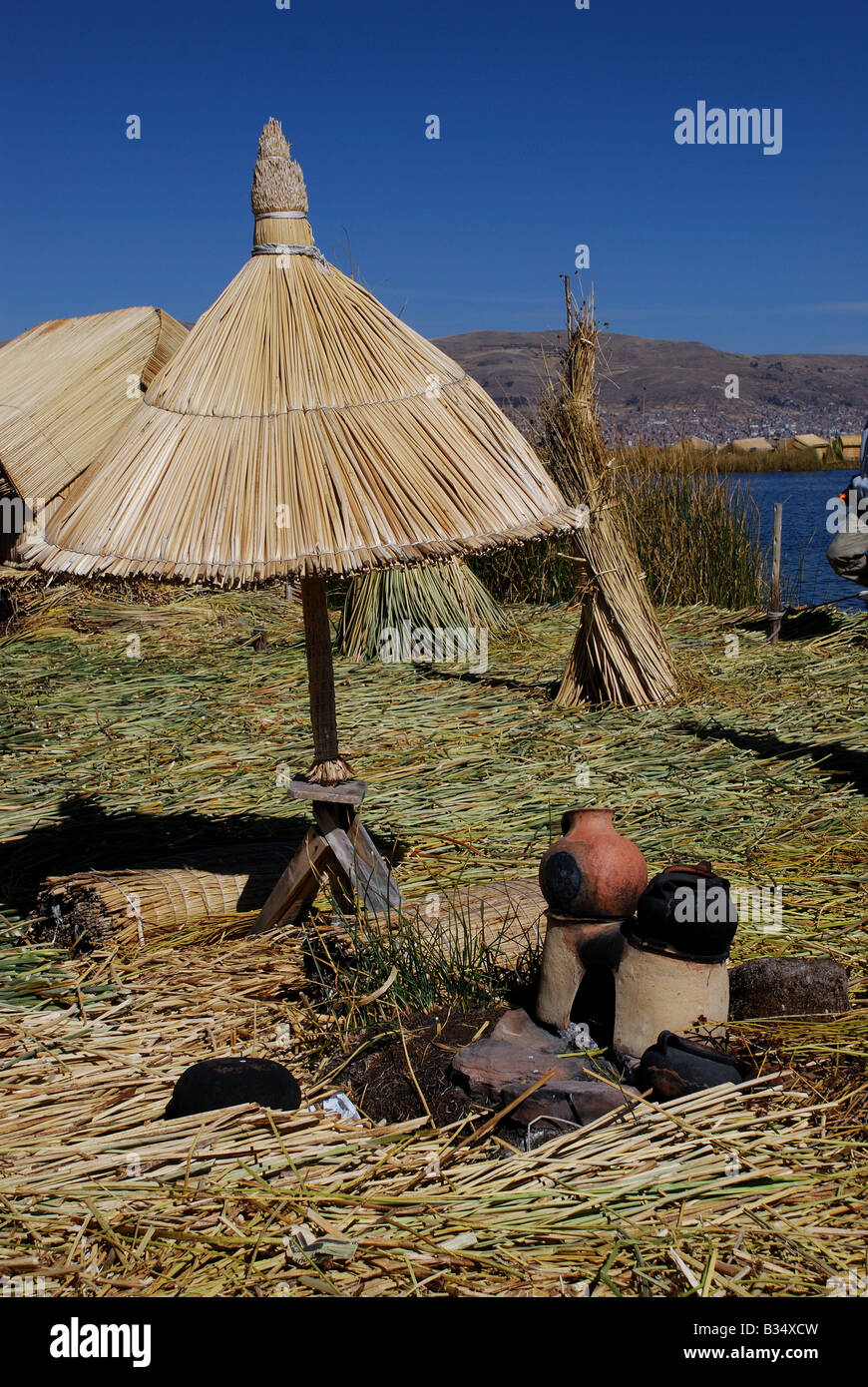 Peru, floating island built using totora reeds on Lake Titicaca Stock Photo