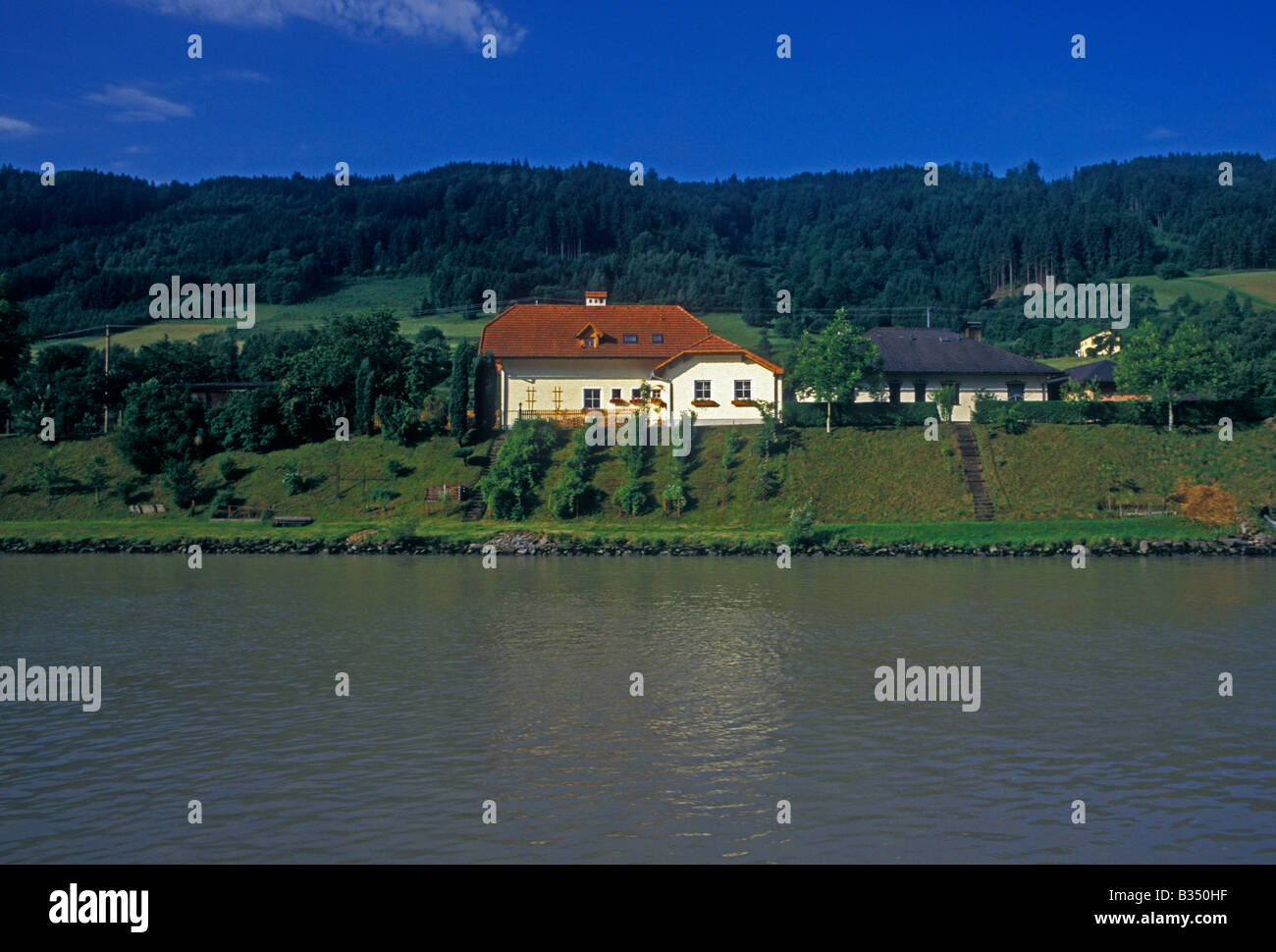 home, house, Danube River, Engelhartszell, Upper Austria State, Austria, Europe Stock Photo