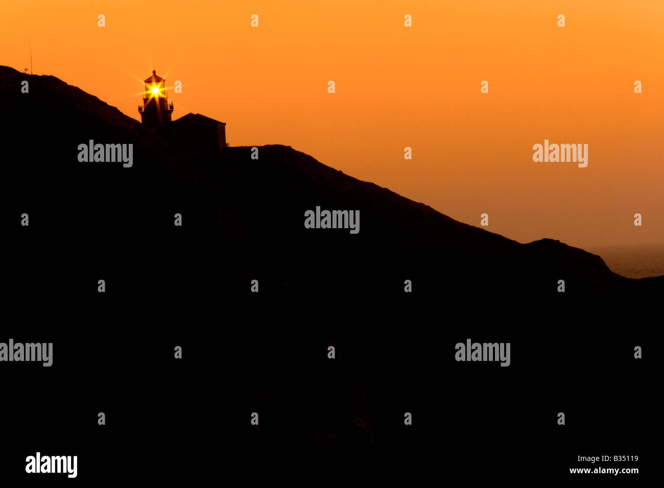 The Point Sur Lighthouse is isolated against a clear May sky at dusk Big Sur California Stock Photo