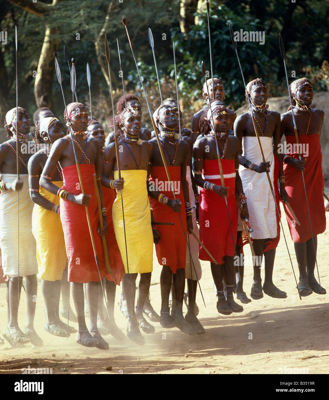 Kenya, Narok, Mayers Farm. Samburu warriors, spears in hand, jump into ...