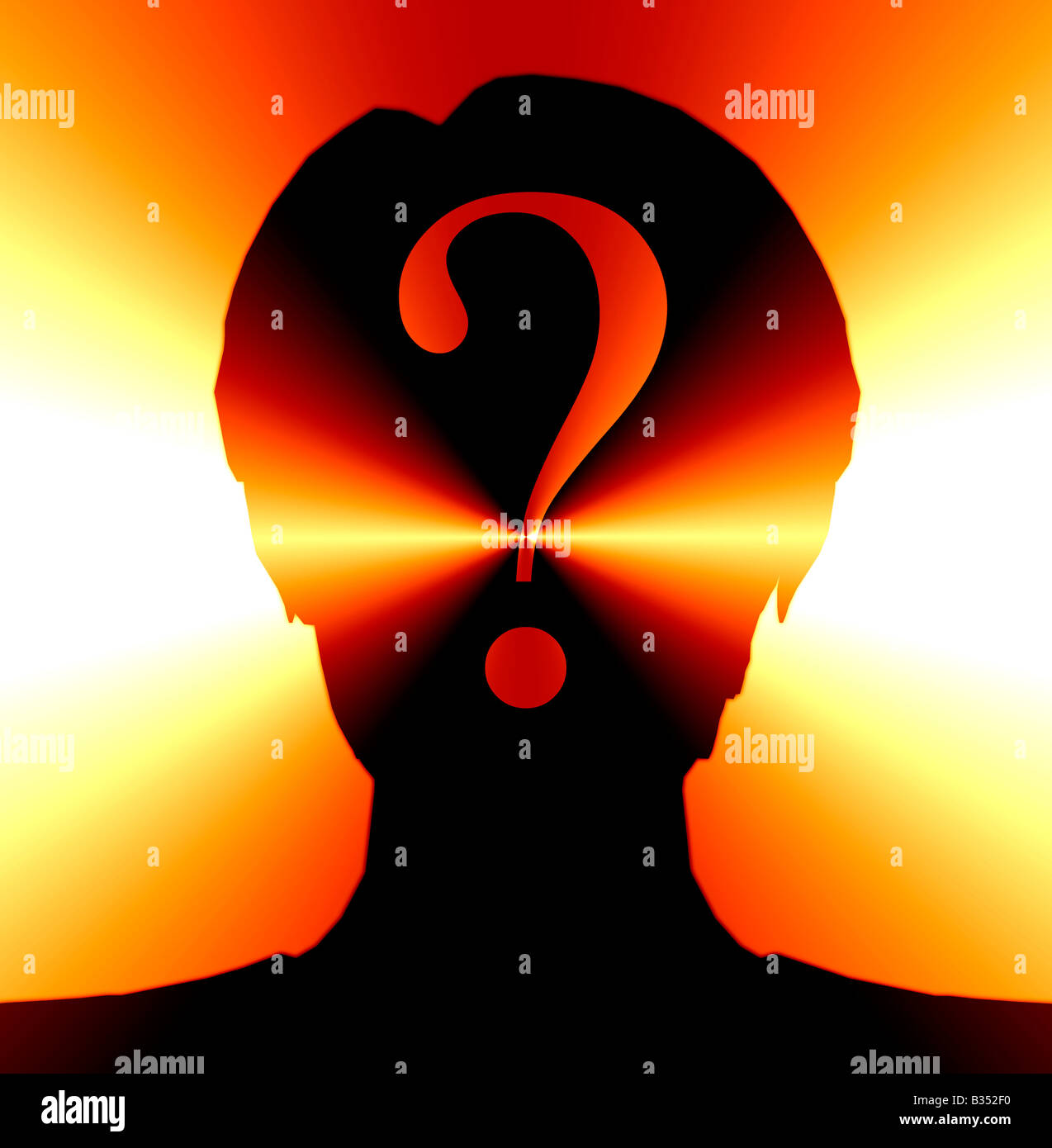 abstract silhouette of female head with question mark composited over face Stock Photo