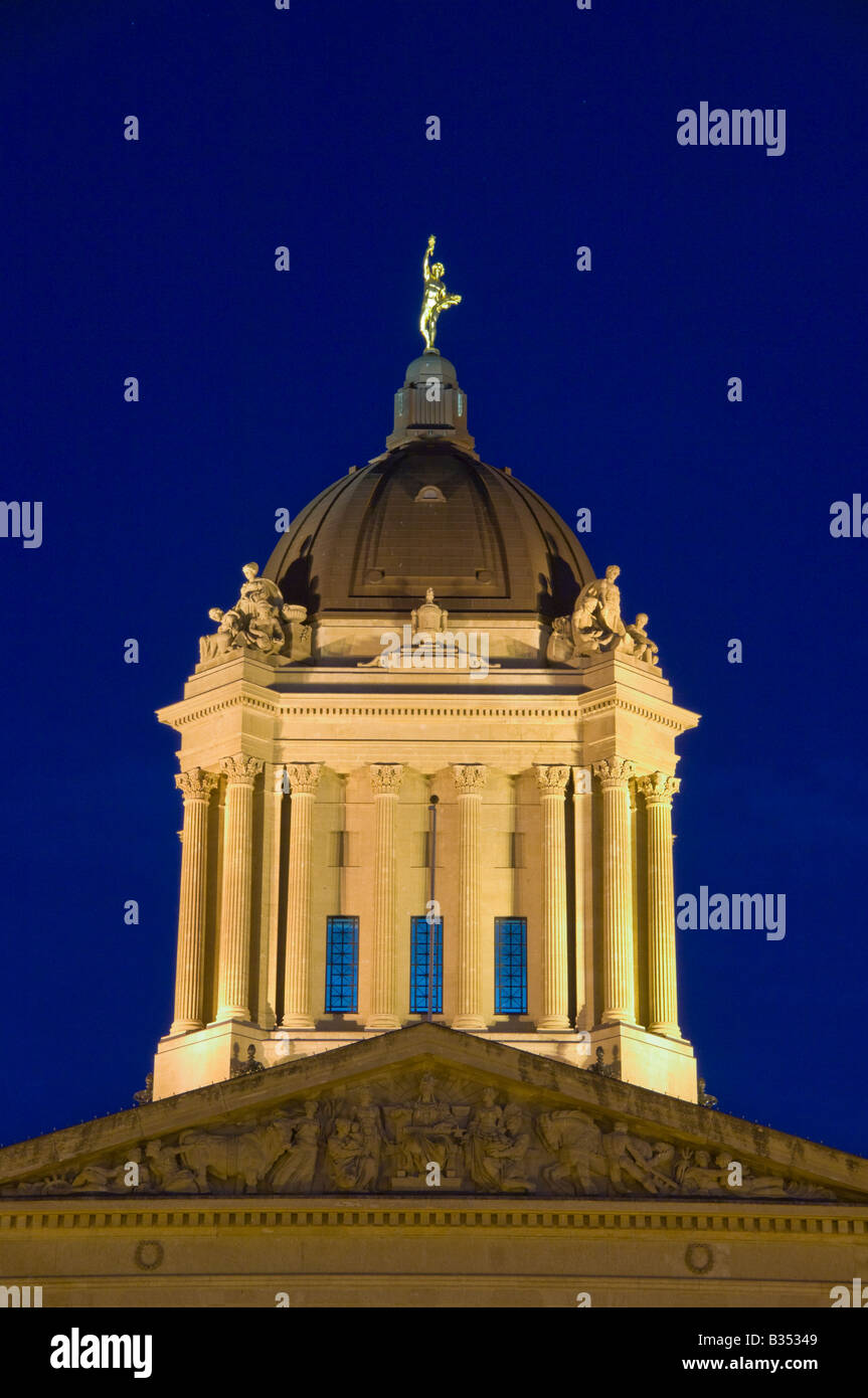 The Manitoba Legislative buildings illuminated at dusk in Winnipeg Manitoba Canada Stock Photo