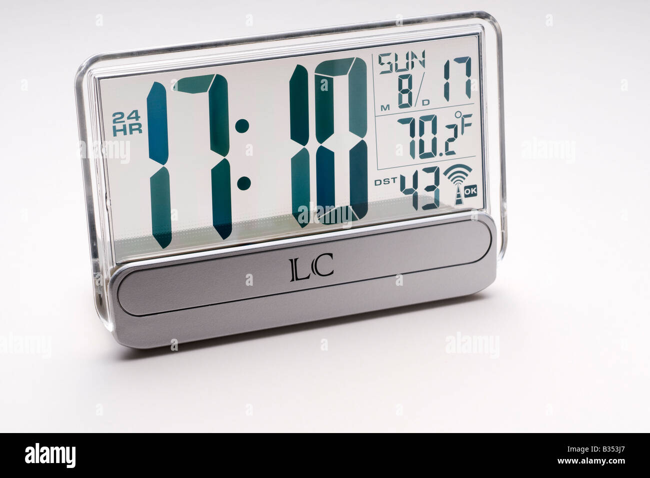 Clear radio controlled alarm clock with thermometer Stock Photo Alamy