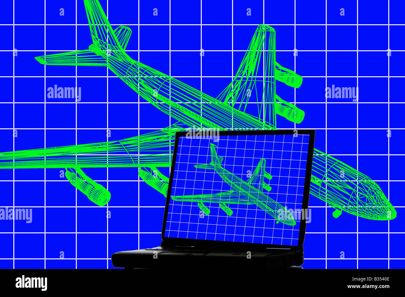 CAD engineering aeronautical wire frame image of jet aircraft on computer monitor screens Stock Photo