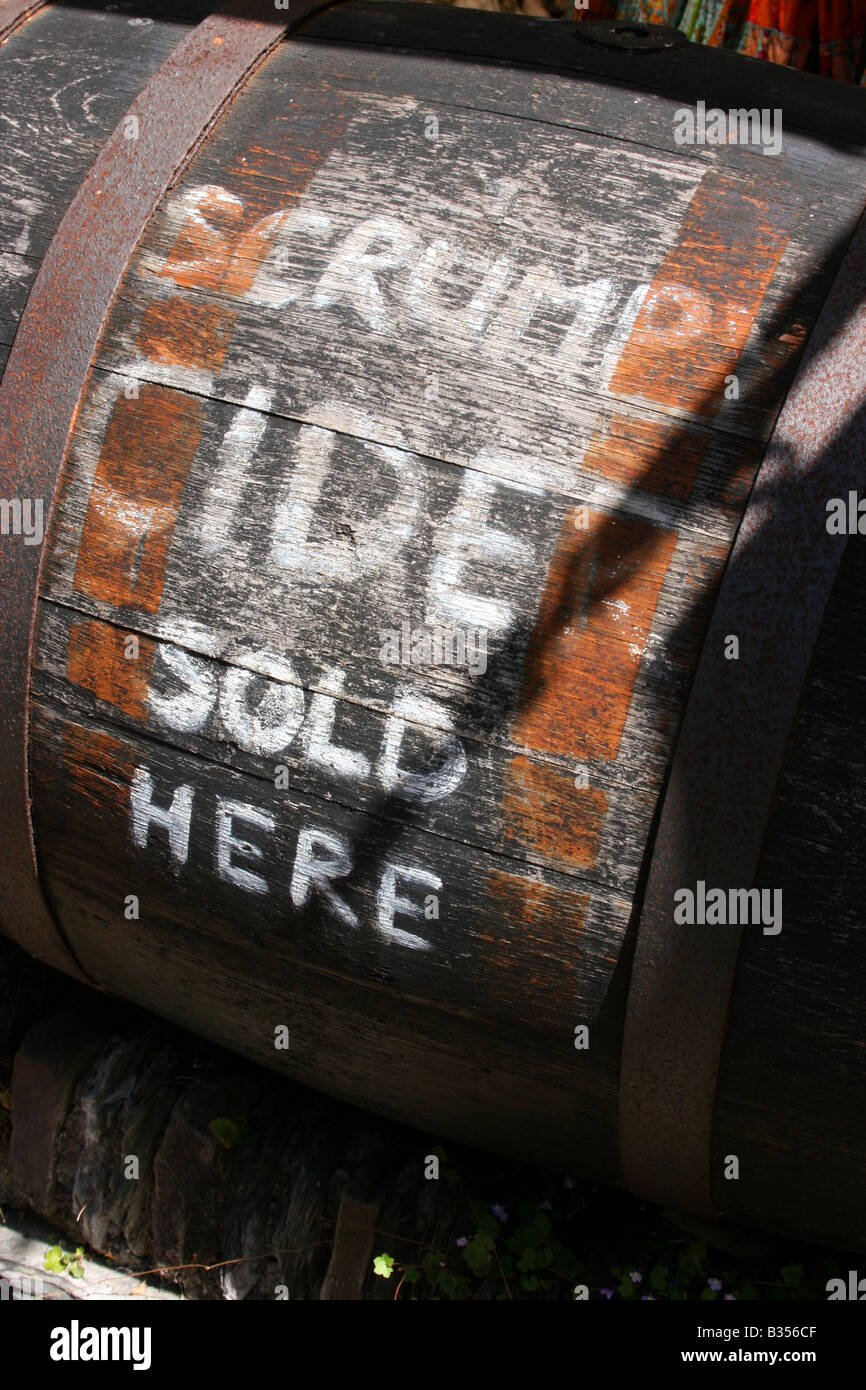 Old barrel advertising scrumpy cider in Lynmouth, Devon, England Stock