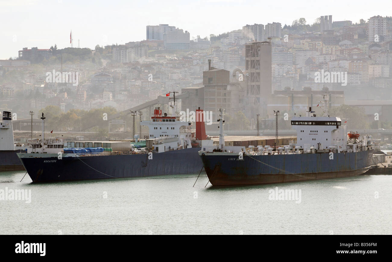 Freighters in the port city Trabzon, Turkey Stock Photo