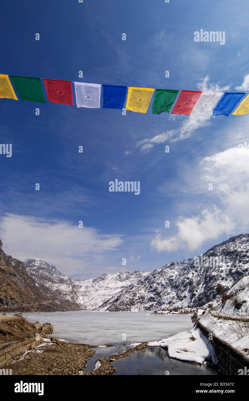 Tibetan Buddhist prayer flags Tsango lake Gangtok Stock Photo