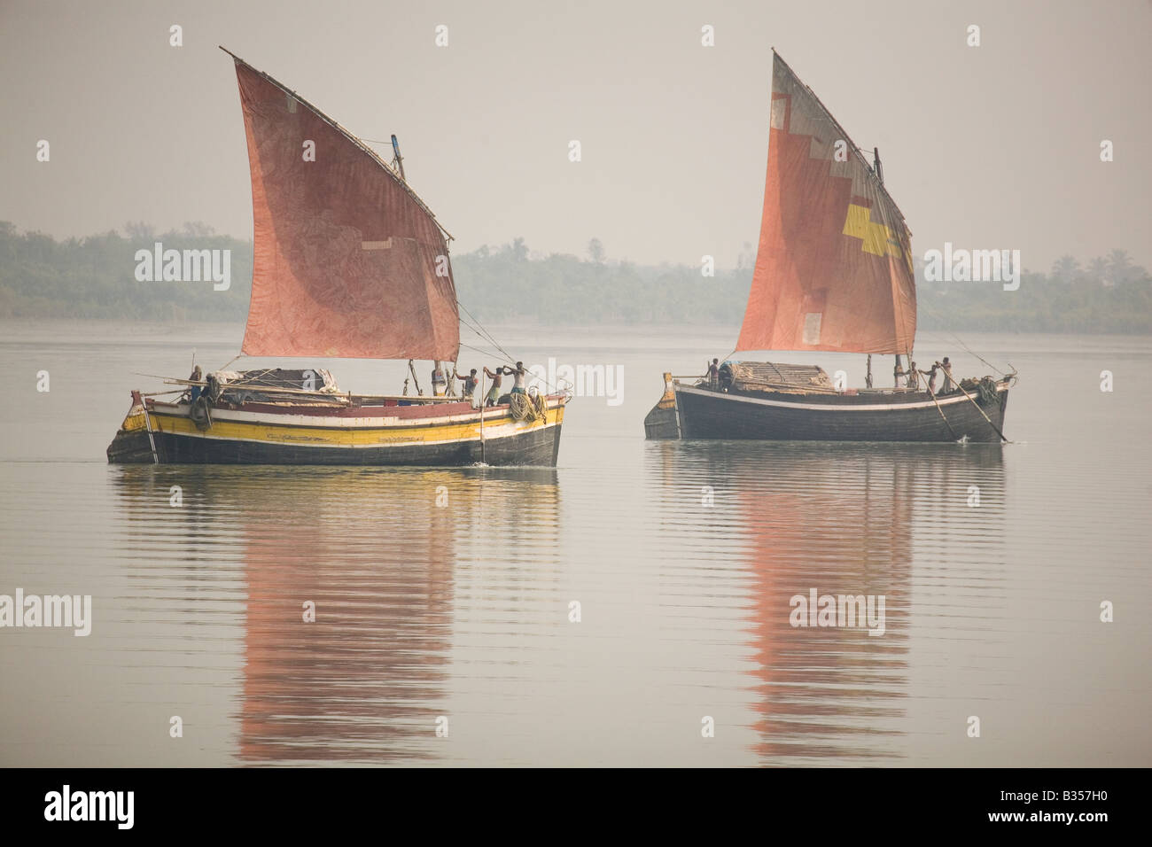 Two junk style boats sail on the Ganges delta in the Sunderbans