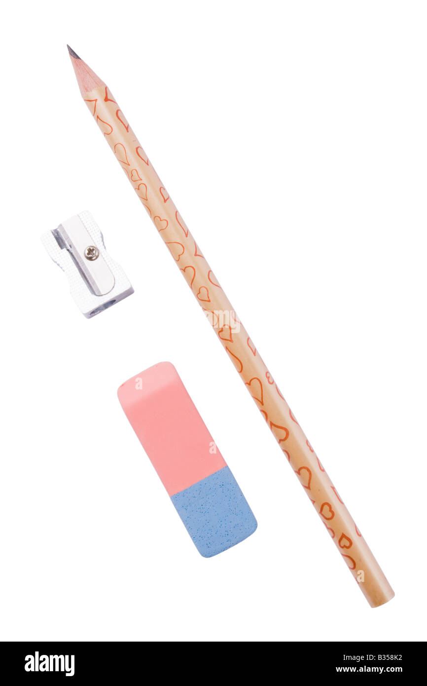 Pencil, sharpener and eraser on white background Stock Photo Alamy