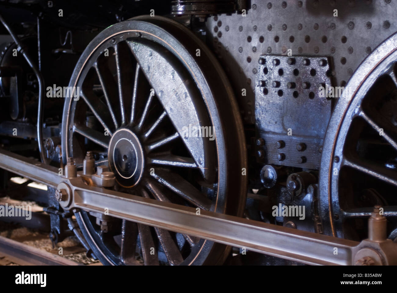 Train wheels from an old showing the solid counterbalance in