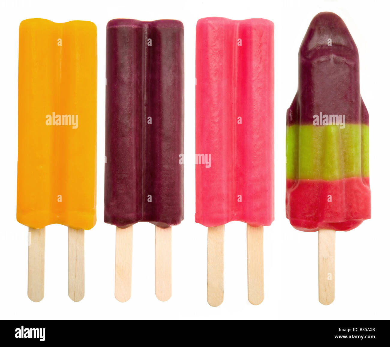 Several sticks of colored flavored ice pops are displayed Stock Photo