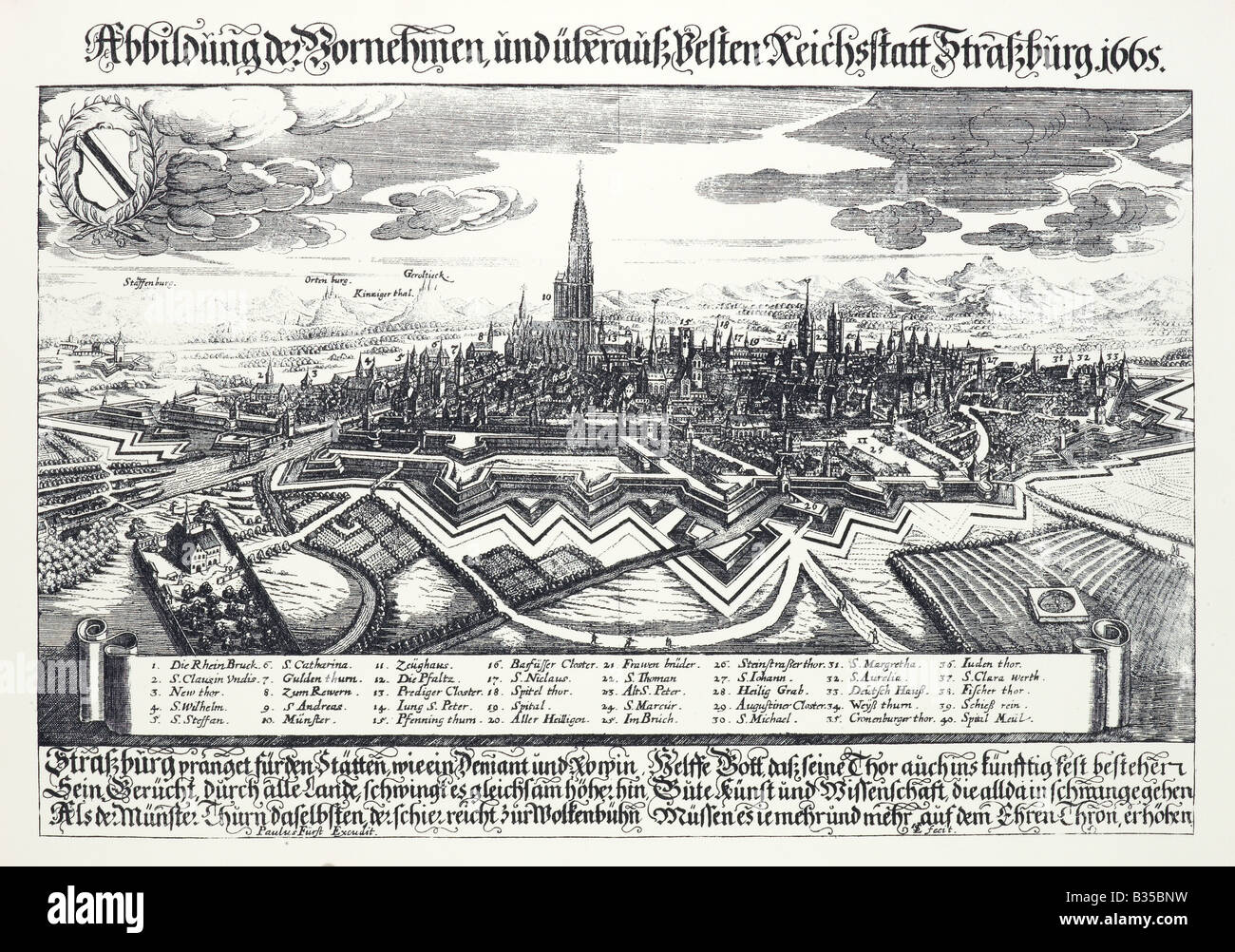 VINTAGE WOODCUT PRINT ILLUSTRATION 17th Century SHOWING THE MEDEVIAL FORTIFIED TOWN OF STRASBOURG ALSACE FRANCE EUROPE Stock Photo