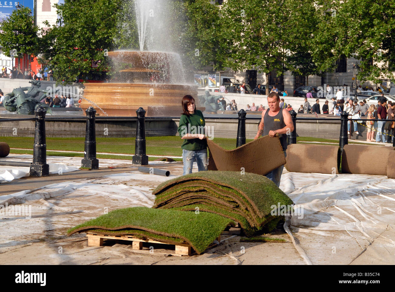 The grass lawn placed for two days on Trafalgar Square part of Visit Londons campaign for green spaces in London, UK Stock Photo