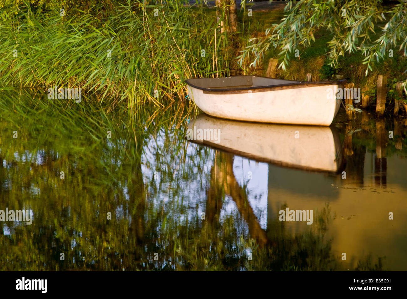 A quiet boat on a pond with evening light and reflection Stock Photo