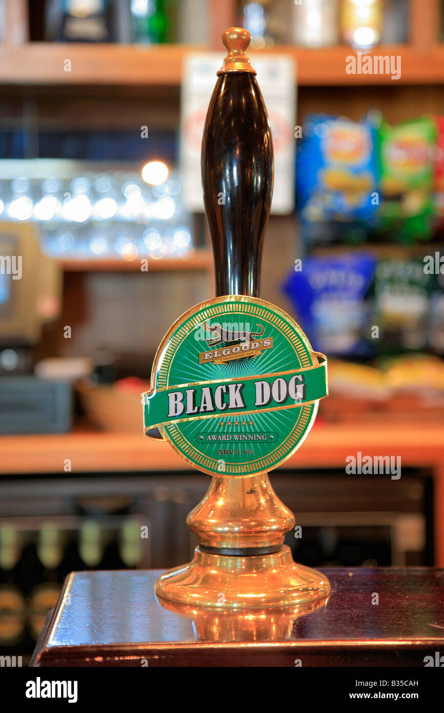 Beer Pump of Black Dog Ale from Elgoods Ales Brewery in a pub bar