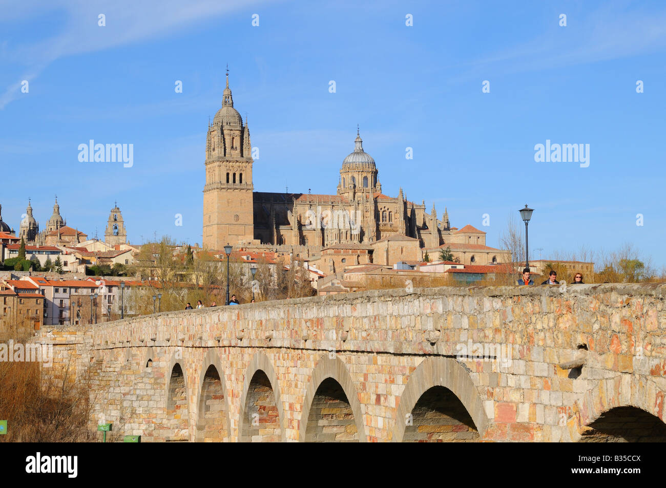 Roman Bridge Puente Romano with the New and Old Cathedrals Catedral Nueva Vieja Salamanca Spain Stock Photo