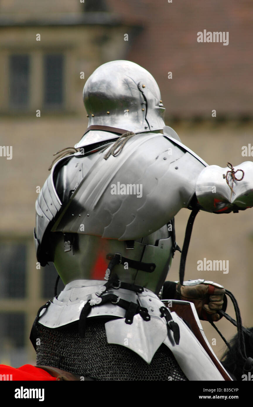 Mounted knight in armour rear view Stock Photo