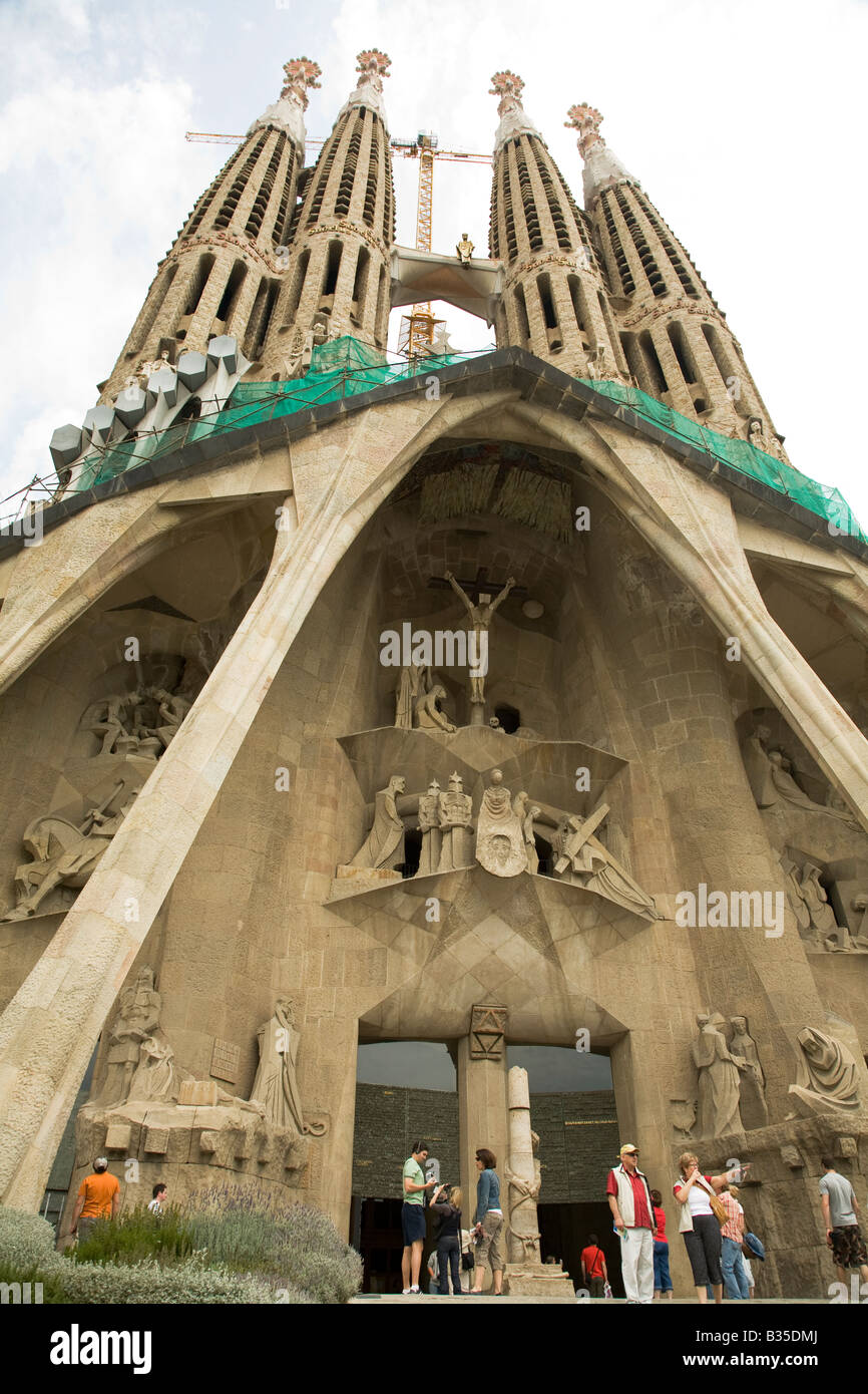 SPAIN Barcelona West Passion facade of Sagrada Familia church designed Antoni Gaudi architect Josep Maria Subirachs sculptor Stock Photo