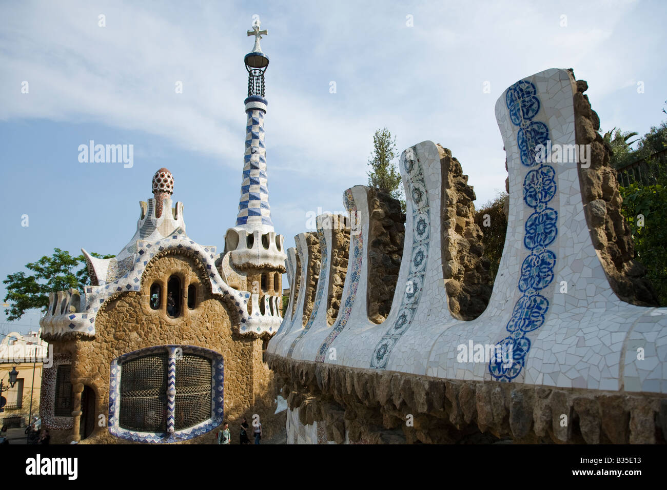 SPAIN Barcelona Mosaic patterns on building and columns in Parc Guell designed Antoni Gaudi architect Modernisme architecture Stock Photo
