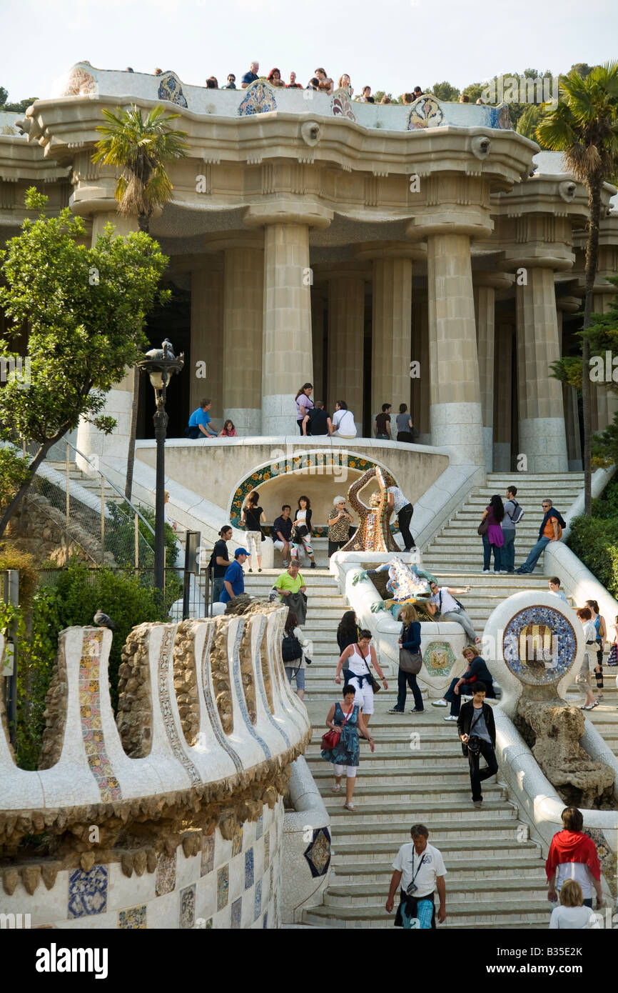 SPAIN Barcelona Dry fountain entrance to Parc Guell designed Antoni Gaudi architect visitors on stairs drought conditions Stock Photo