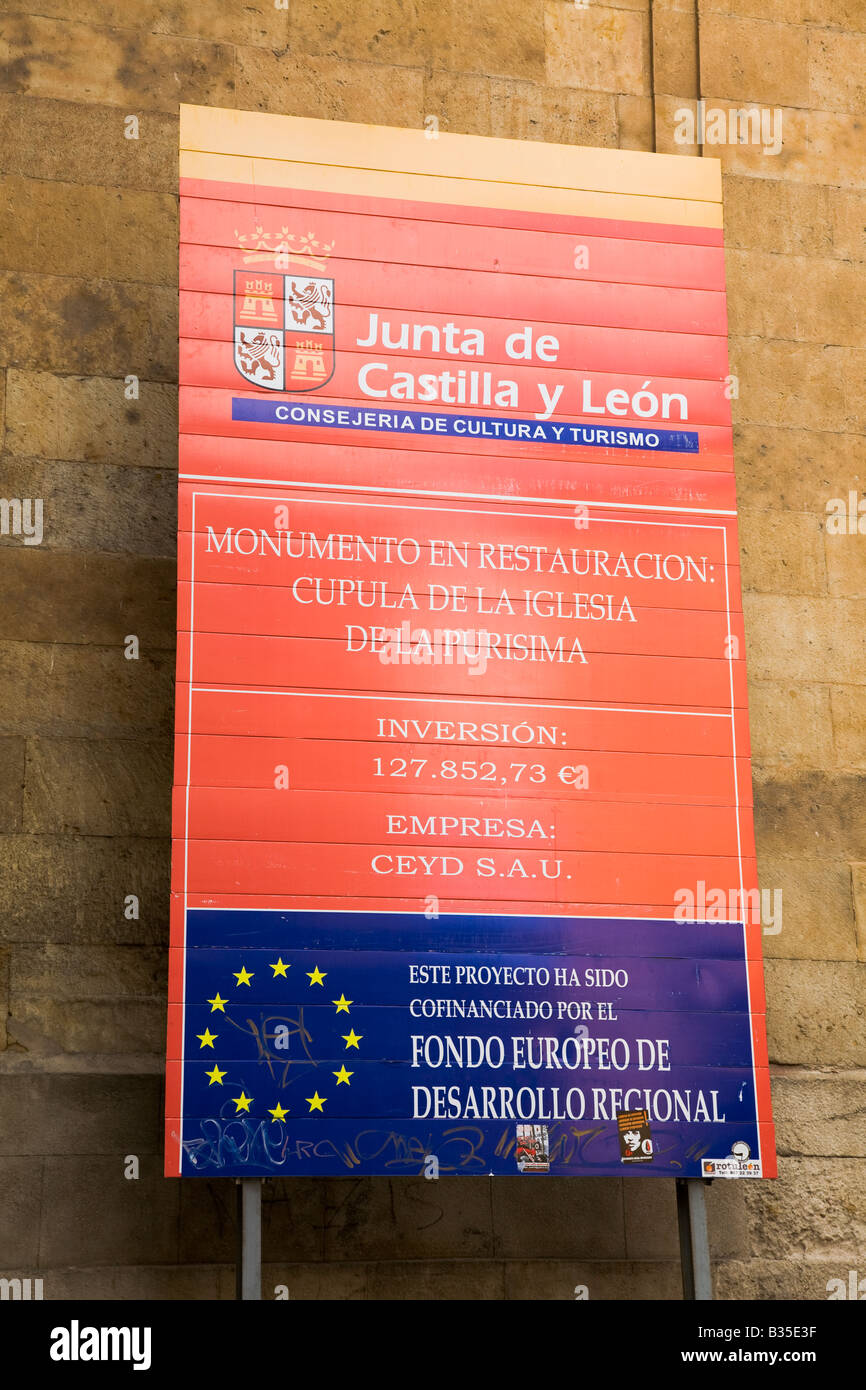SPAIN Salamanca Sign announcing monument restoration by government Stock Photo