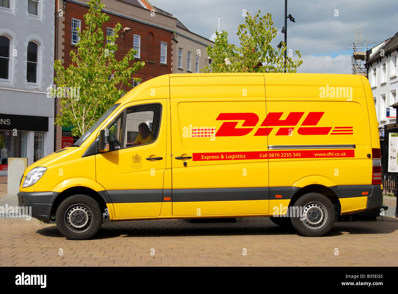 DHL Van, Market Square, High Town, Hereford, Herefordshire, England, United Kingdom Stock Photo