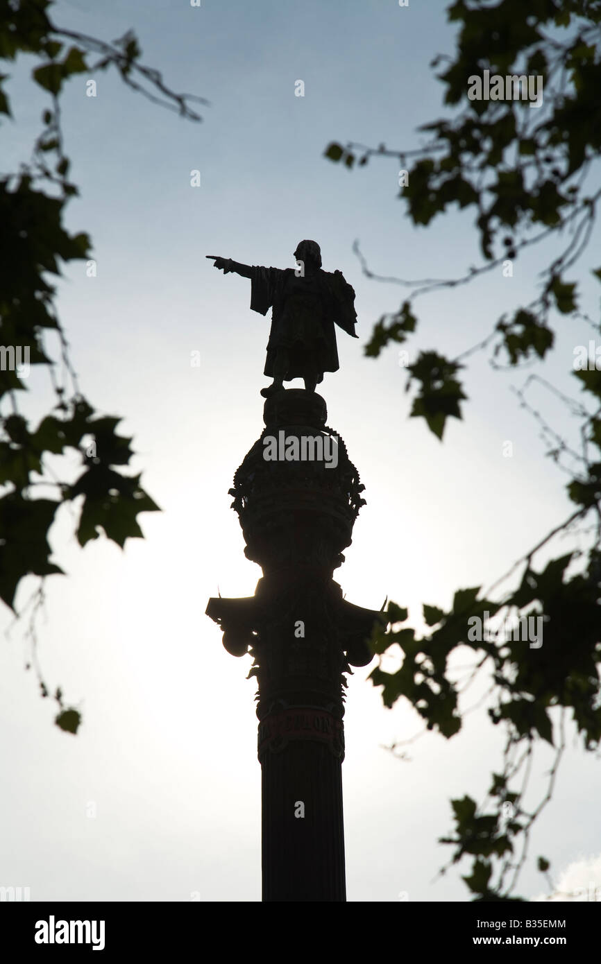 SPAIN Barcelona Christopher Columbus statue atop Columbus Monument where Ramblas meets the harbor Monument a Colom Stock Photo