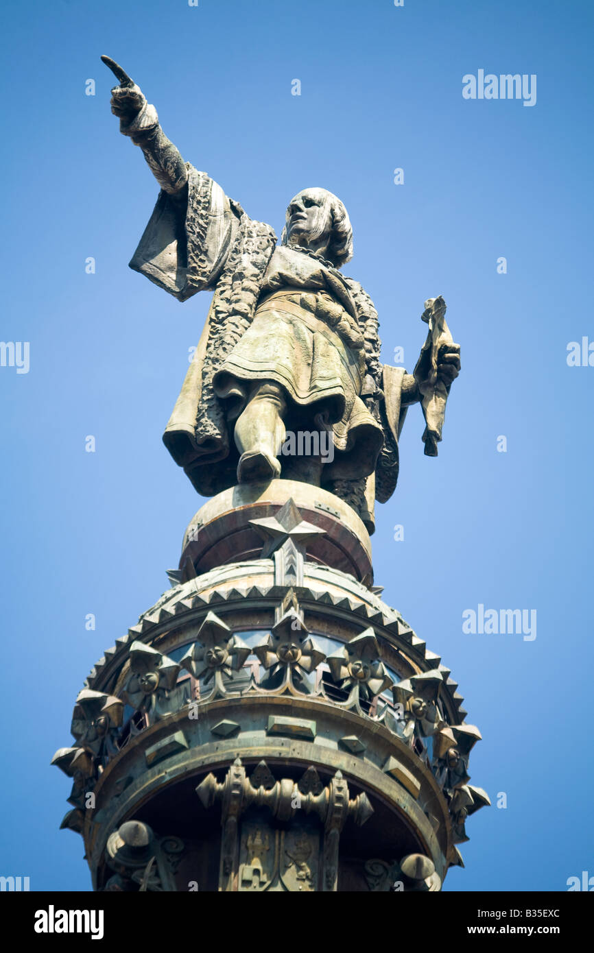 SPAIN Barcelona Christopher Columbus monument to explorer is 200 feet tall and built for 1888 exposition landmark at Ramblas Stock Photo