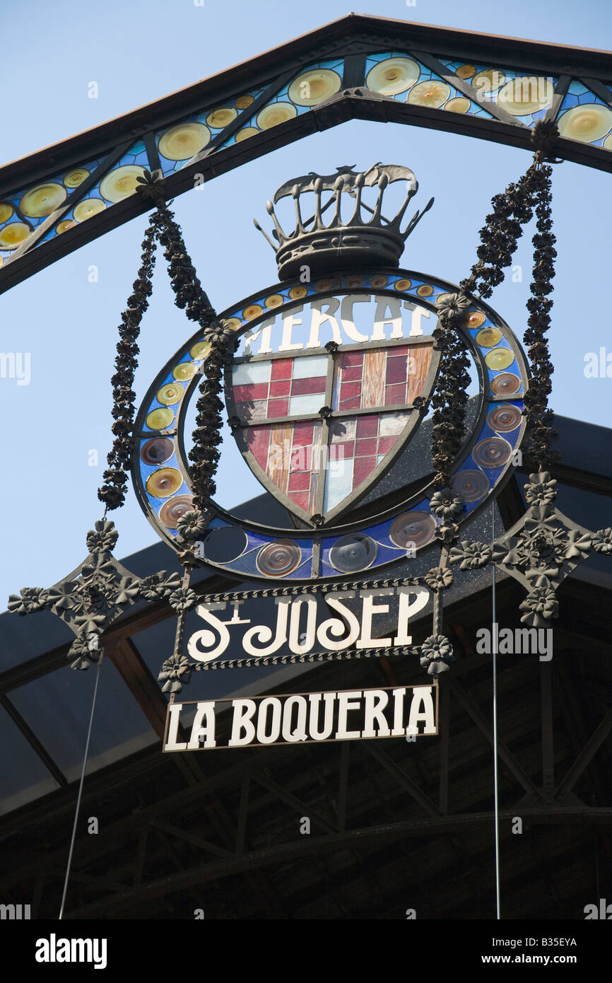 SPAIN Barcelona Sign at entrance to Saint Josep La Boqueria produce market Stock Photo
