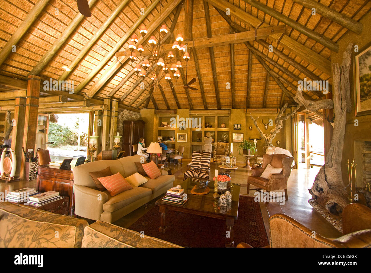 Visitor checks email in lounge area of Camp Jabulani upscale Safari camp outside Hoedspruit South Africa Stock Photo